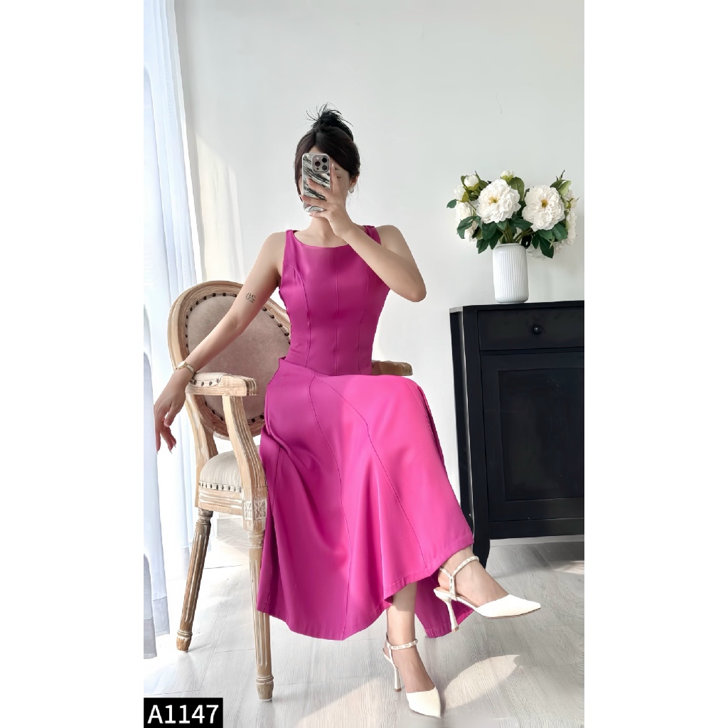 Đầm maxi cổ yếm dáng xòe 3 màu  chiết eo tím, hồng và xanh A1147