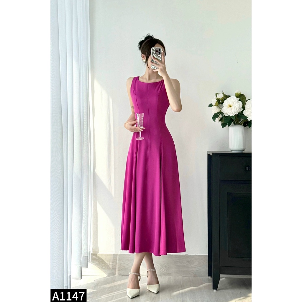 Đầm maxi cổ yếm dáng xòe 3 màu  chiết eo tím, hồng và xanh A1147