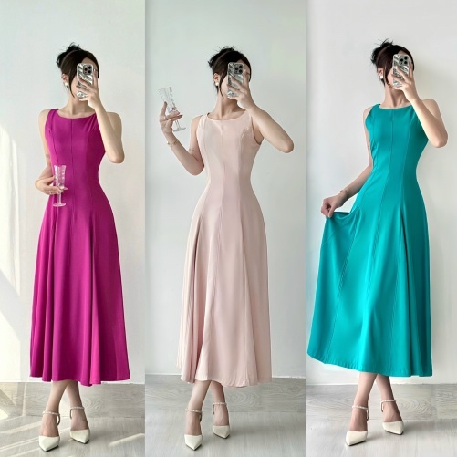Đầm maxi cổ yếm dáng xòe 3 màu  chiết eo tím, hồng và xanh A1147