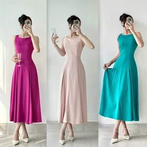 Đầm maxi cổ yếm dáng xòe 3 màu chiết eo tím, hồng và xanh A1147