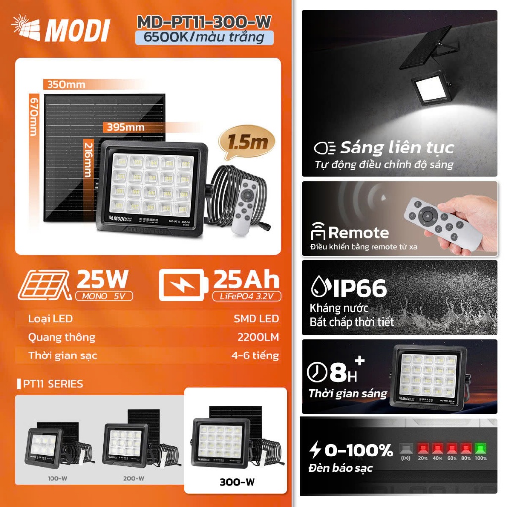 Ảnh Đèn Năng Lượng Mặt Trời MODI SOLAR 100W 200W 300W, Chống Nước IP65, Điều Khiển Từ Xa, Chế Độ Tự Động 3