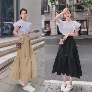 Set bộ áo sơ mi phối chân váy xèo 2 màu đen, be A2377