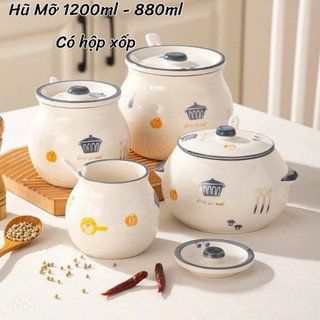 HŨ SỨ ĐỰNG MỠ  (LIỄN) GỐM SỨ CAO CẤP 1400ML, ĐỰNG MỠ, GIA VỊ... CÓ THÌA ,CHỊU NHIỆT CAO, DỄ DÀNG VỆ SINH