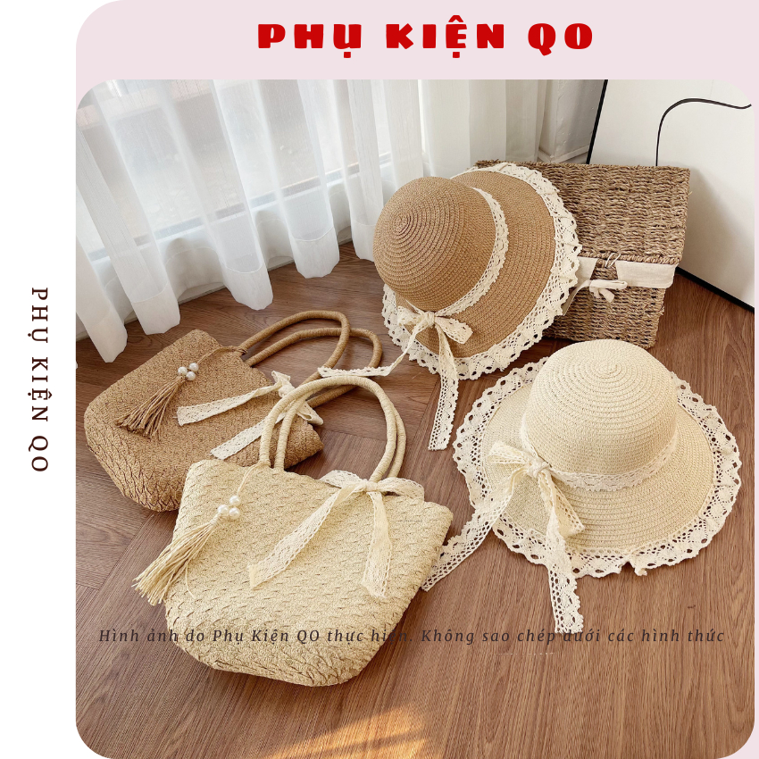 [MỞ BÁN] Túi Cói - Mũ Cói Đi Biển Rộng Vành Sóng Phối Nơ Xinh T17M17