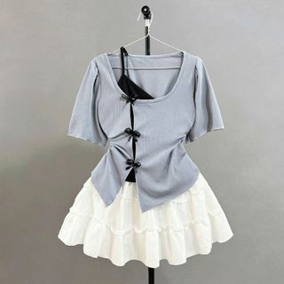 Set bộ Bigsize Nữ áo thun kiểu tay ngắn cách điệu 2 lớp viền gắn nơ phối chân váy chữ A bèo có quần bảo hộ - SET978