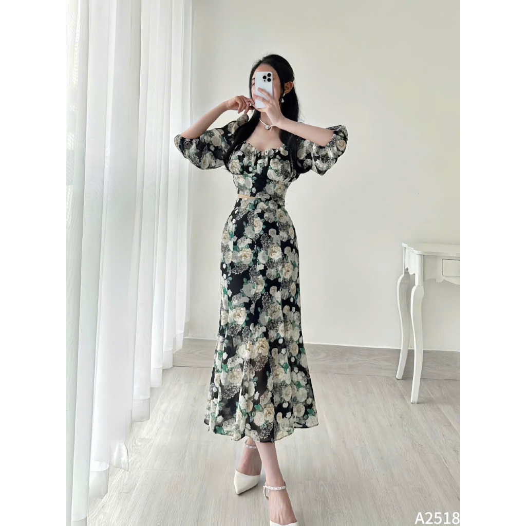 Set bộ tơ ép xanh hồng 2 lớp cổ vuông phối chân váy midi dáng dài đuôi cá A2518