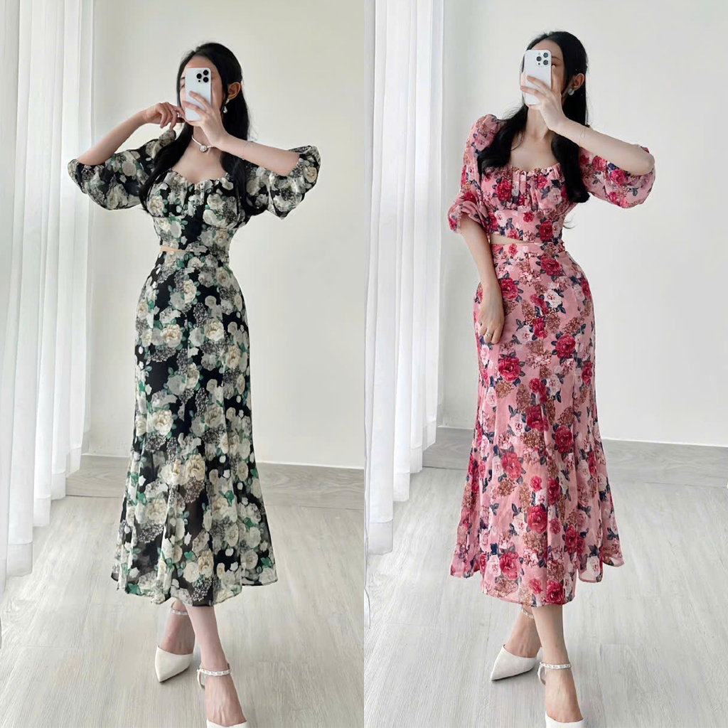 Set bộ tơ ép xanh hồng 2 lớp cổ vuông phối chân váy midi dáng dài đuôi cá A2518