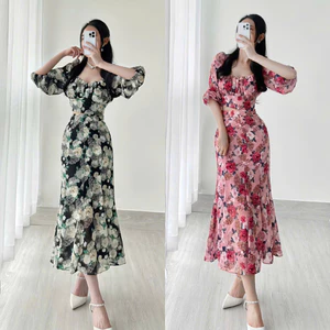Set bộ tơ ép xanh hồng 2 lớp cổ vuông phối chân váy midi dáng dài đuôi cá A2518