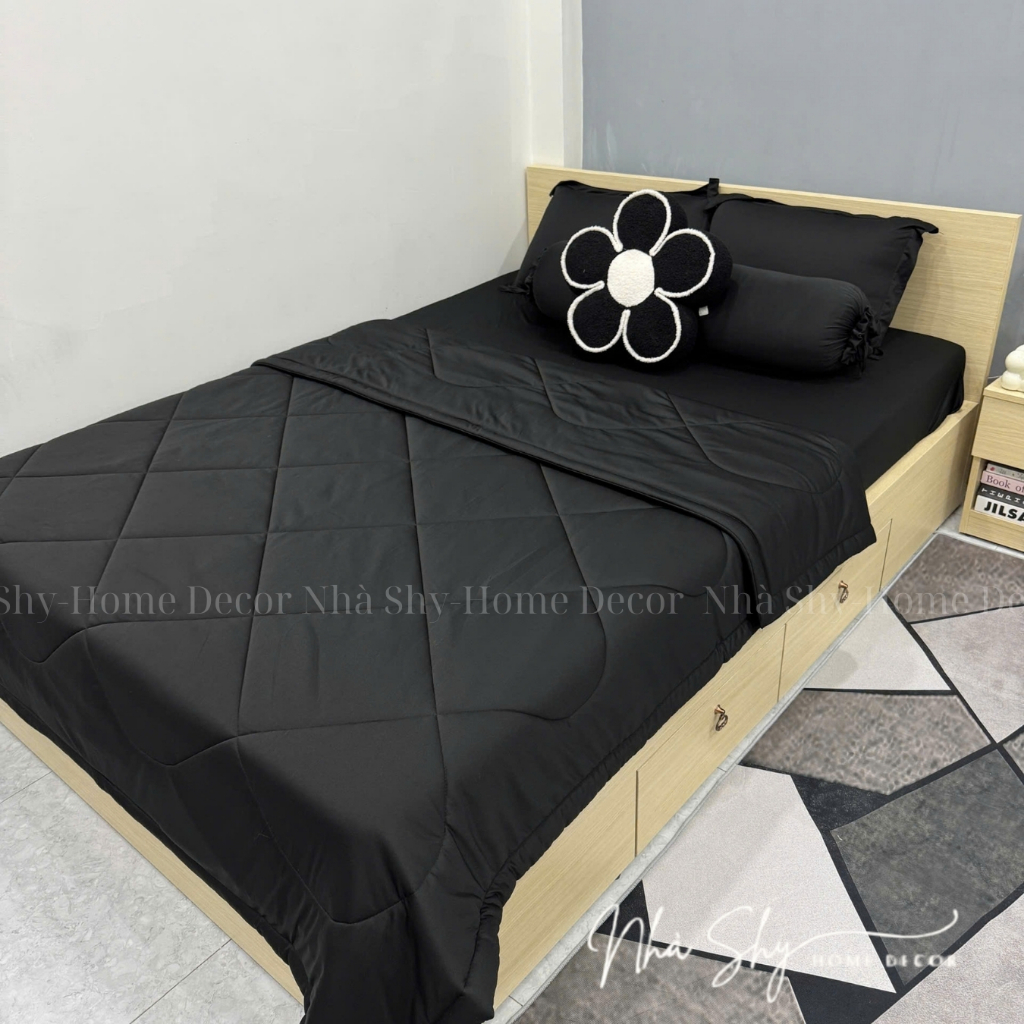 Trọn Bộ Chăn Ga Gối 5 Món Thun Hàn Quốc Trơn Màu Đen - Chất Thun Mát Lạnh  - TH13 - Nhà Shy Home Decor