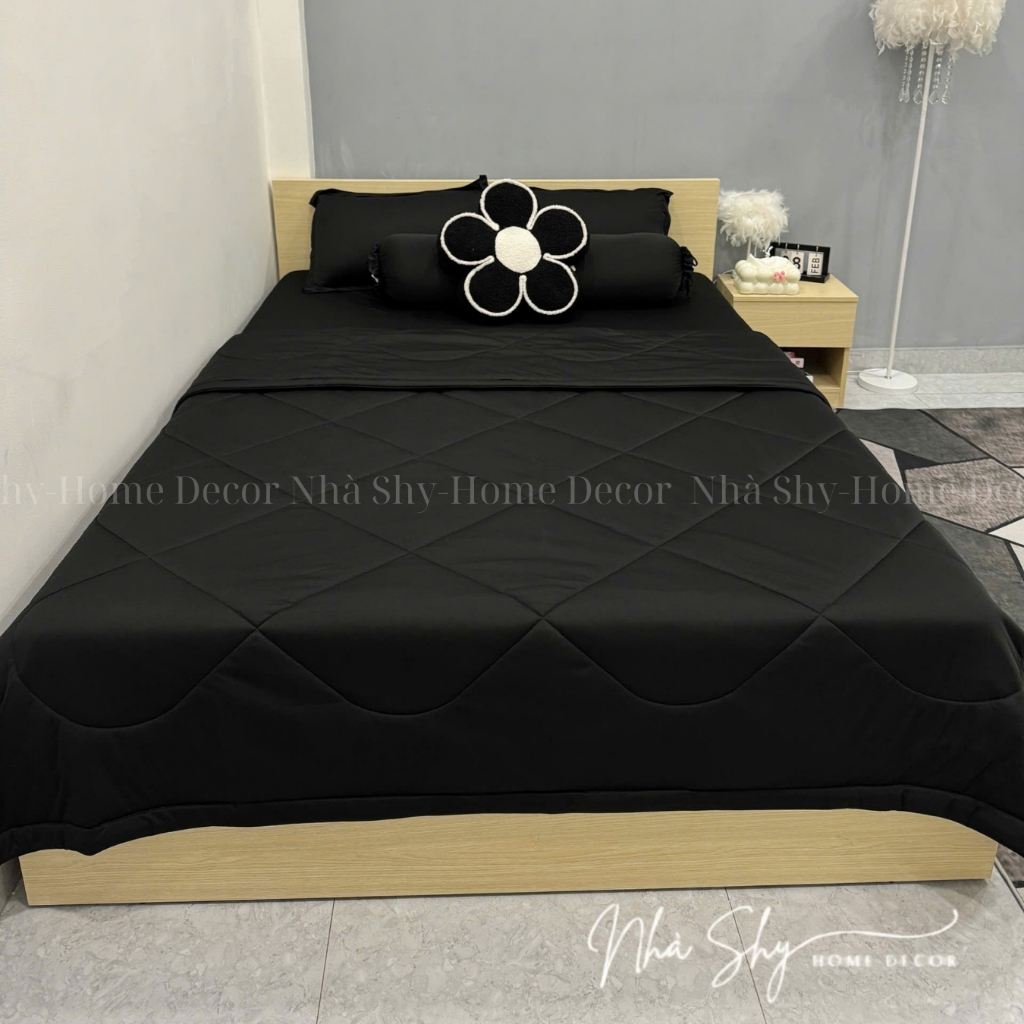 Trọn Bộ Chăn Ga Gối 5 Món Thun Hàn Quốc Trơn Màu Đen - Chất Thun Mát Lạnh  - TH13 - Nhà Shy Home Decor