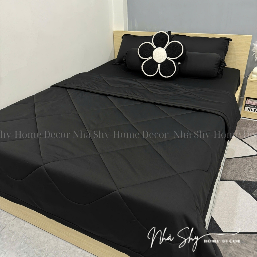 Trọn Bộ Chăn Ga Gối 5 Món Thun Hàn Quốc Trơn Màu Đen - Chất Thun Mát Lạnh  - TH13 - Nhà Shy Home Decor