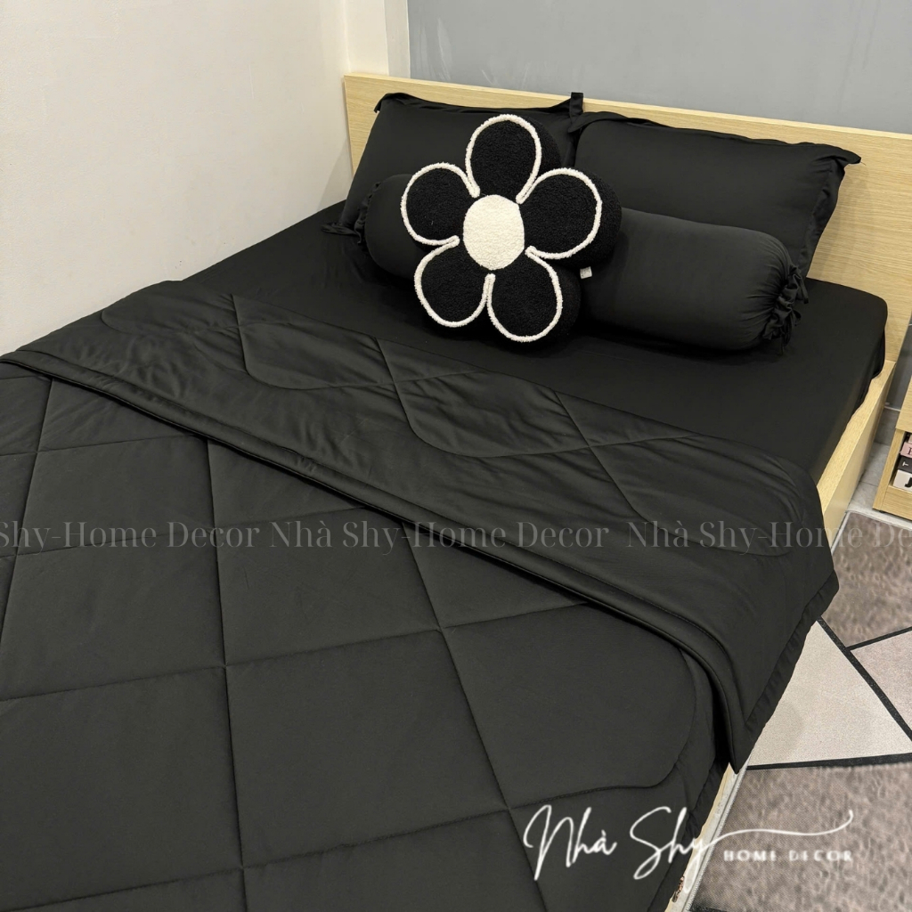 Trọn Bộ Chăn Ga Gối 5 Món Thun Hàn Quốc Trơn Màu Đen - Chất Thun Mát Lạnh  - TH13 - Nhà Shy Home Decor
