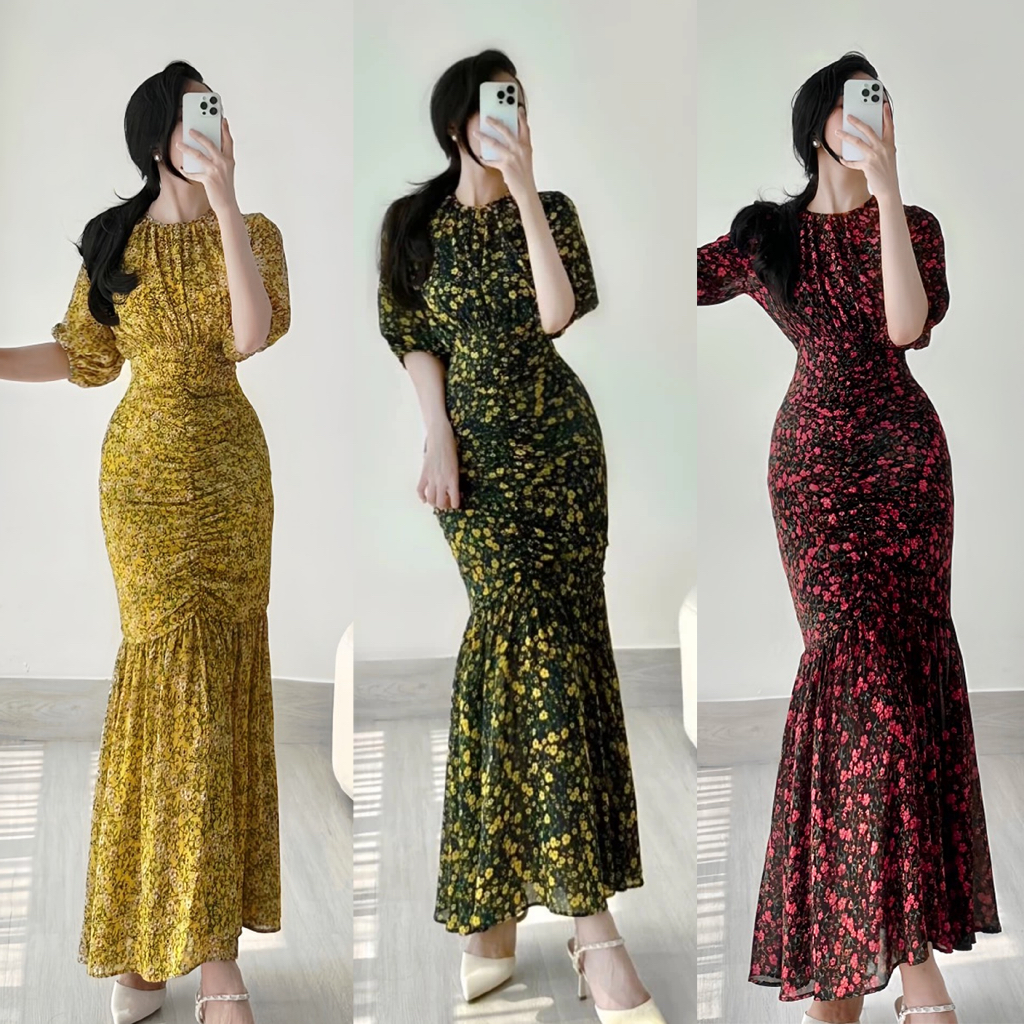 Đầm maxi đuôi cá 2 màu hoa đỏ, vàng A2367