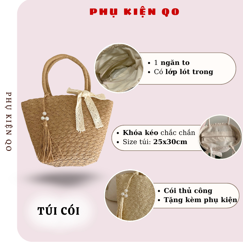 [MỞ BÁN] Túi Cói - Mũ Cói Đi Biển Rộng Vành Sóng Phối Nơ Xinh T17M17