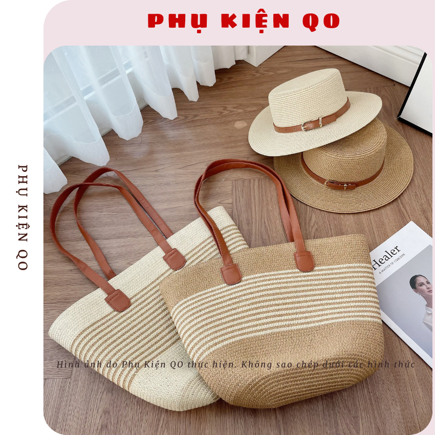 [MỞ BÁN] Túi Cói - Mũ Cói Đi Biển Rộng Vành Sóng Phối Nơ Xinh T17M17