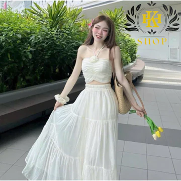 Váy Đi Biển Set Váy Nữ Đi Biển Áo Cúp Ngực Đính Hoa Kèm Chân Váy Dáng Dài Chát Voan Tơ QC Mềm Mát