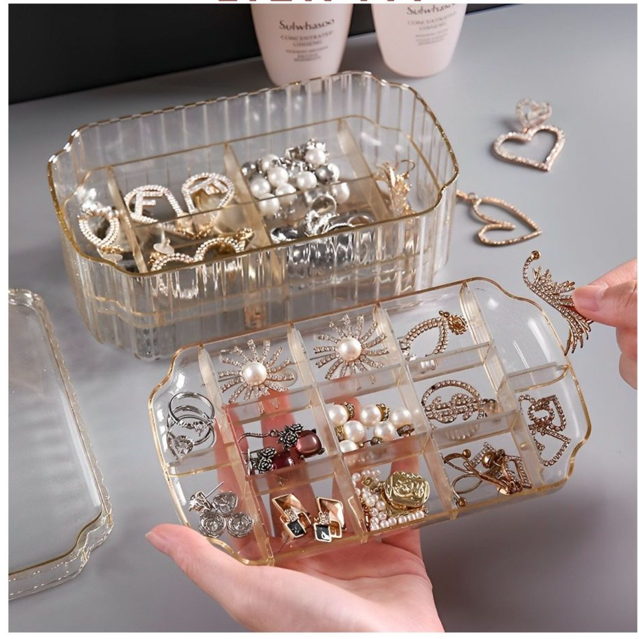 Hộp Đựng Trang Sức Bằng Nhựa Cao Cấp Có Nắp, Khay Đựng Nhẫn, Vòng Tay, Khuyên Tai, Mỹ Phẩm Chia Ngăn 3 Tầng Tiện Lợi