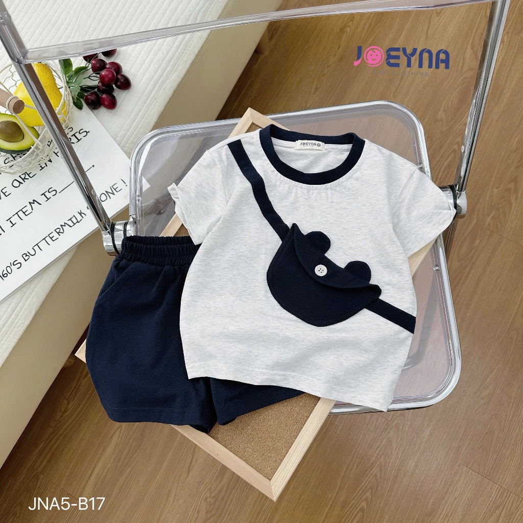 Bộ cotton cộc tay hoạ tiết túi chéo cho bé trai, set bộ thun cổ tròn cộc tay cho bé