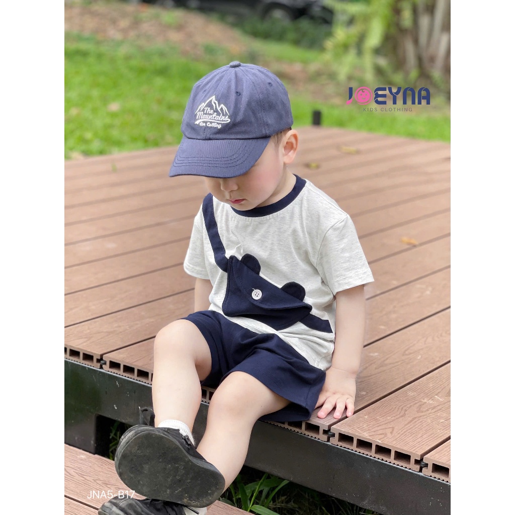 Bộ cotton cộc tay hoạ tiết túi chéo cho bé trai, set bộ thun cổ tròn cộc tay cho bé