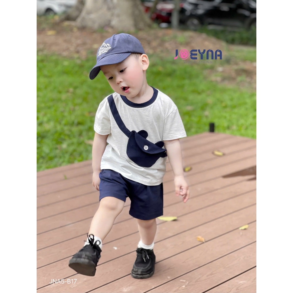 Bộ cotton cộc tay hoạ tiết túi chéo cho bé trai, set bộ thun cổ tròn cộc tay cho bé