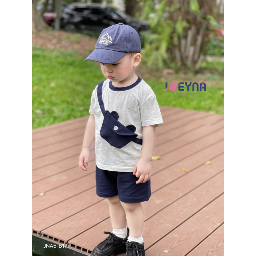 Bộ cotton cộc tay hoạ tiết túi chéo cho bé trai, set bộ thun cổ tròn cộc tay cho bé