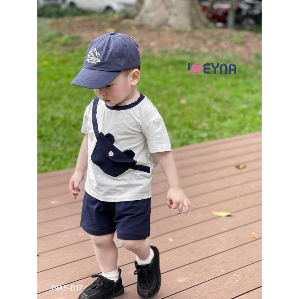 Bộ cotton cộc tay hoạ tiết túi chéo cho bé trai, set bộ thun cổ tròn cộc tay cho bé