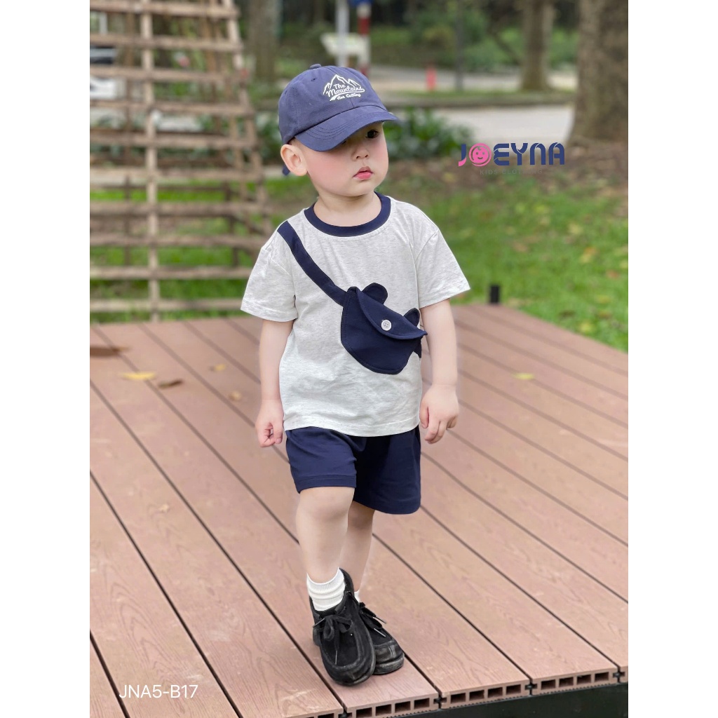 Bộ cotton cộc tay hoạ tiết túi chéo cho bé trai, set bộ thun cổ tròn cộc tay cho bé
