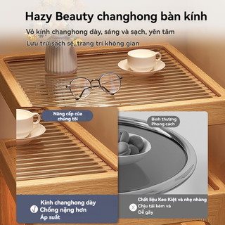 Bàn cà phê gỗ nguyên khối Tủ đầu giường có bánh xe Giá lưu trữ tối giản Bàn vuông nhỏ bằng kính
