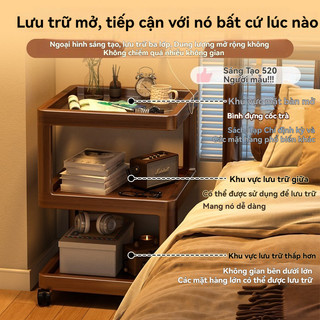 Bàn cà phê gỗ nguyên khối Tủ đầu giường có bánh xe Giá lưu trữ tối giản Bàn vuông nhỏ bằng kính