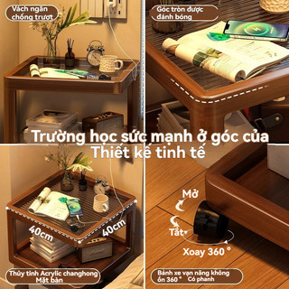 Bàn cà phê gỗ nguyên khối Tủ đầu giường có bánh xe Giá lưu trữ tối giản Bàn vuông nhỏ bằng kính