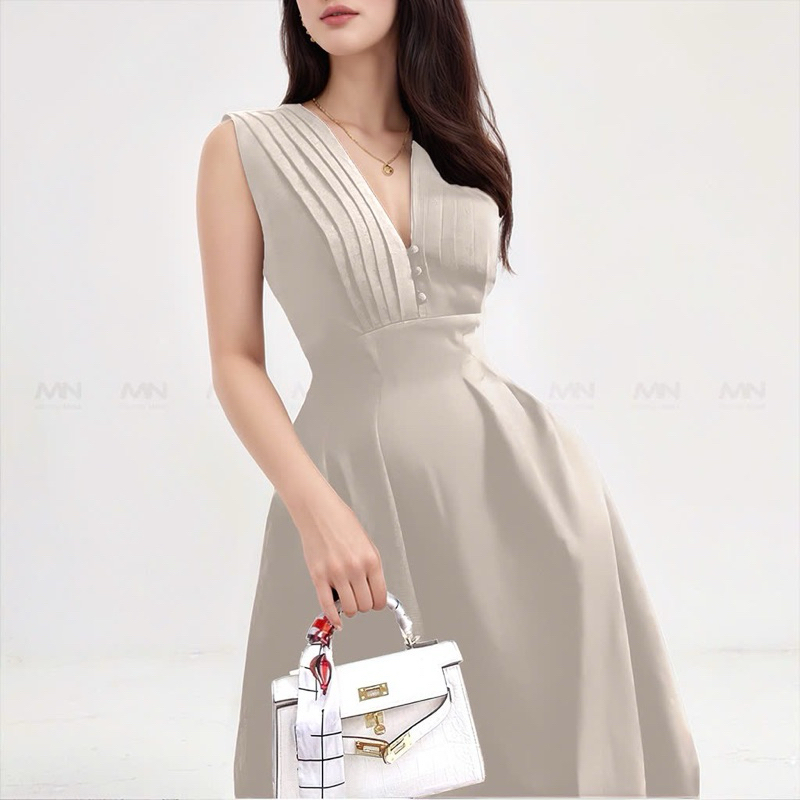 Ảnh Đầm dự tiệc MINA dáng xoè midi cổ chữ V xếp ly ngực sát nách màu nude da sang trọng quyến rũ xinh đẹp MN182 3