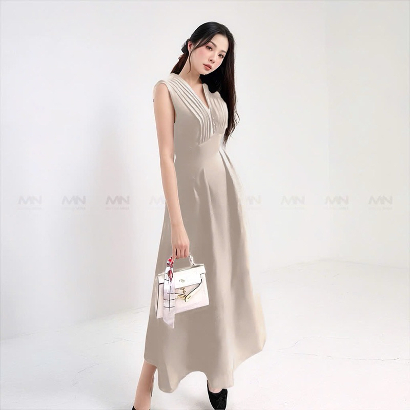 Ảnh Đầm dự tiệc MINA dáng xoè midi cổ chữ V xếp ly ngực sát nách màu nude da sang trọng quyến rũ xinh đẹp MN182 4