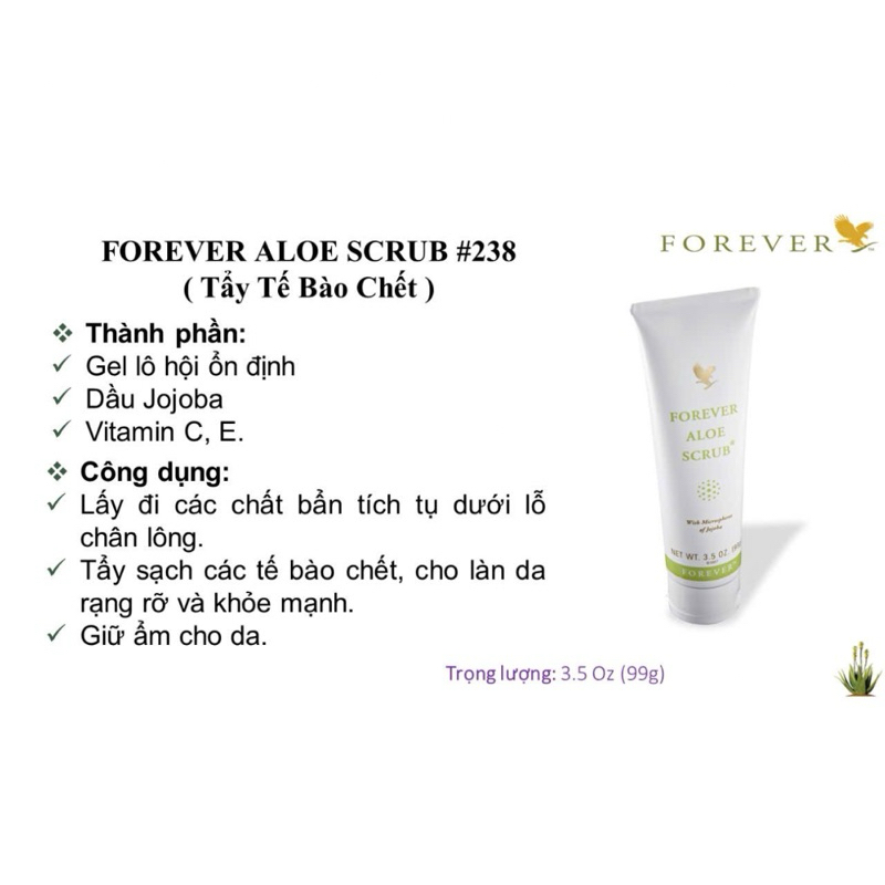 TẨY TẾ BÀO CHẾT– Forever Aloe Scrub 238Flp. Loại Bỏ Da Chết, Giúp Da Sáng Mịn, Sạch Dầu Nhờn. 99g