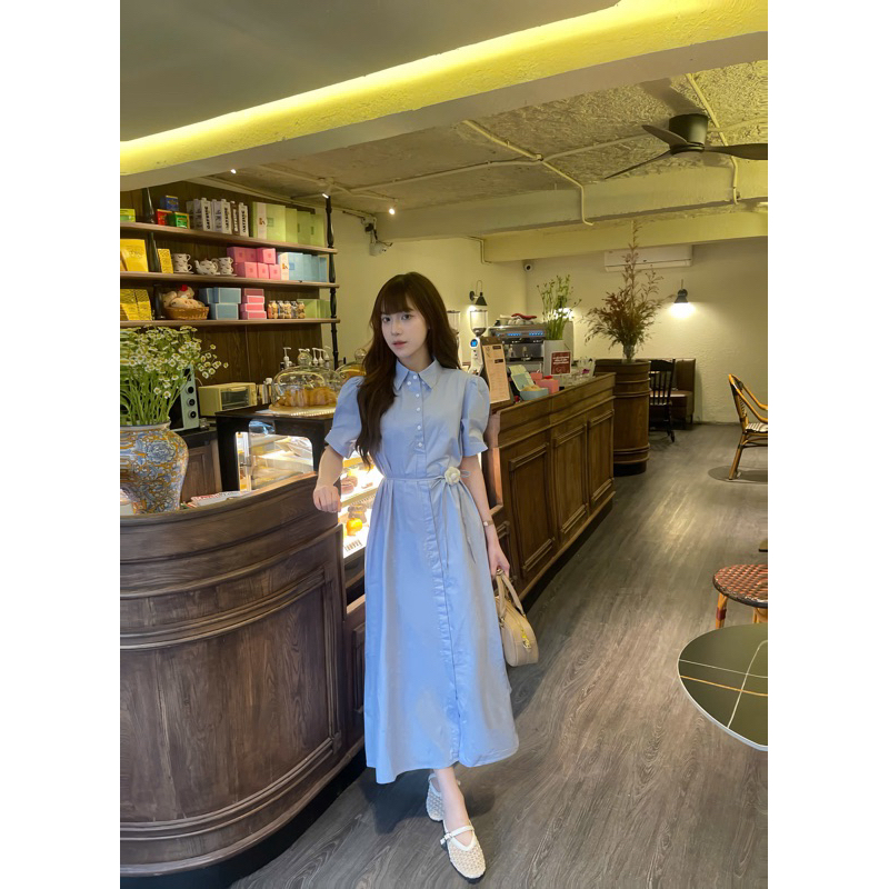 Đầm maxi Chililuu váy xanh dáng dài thắt eo tay bồng ngắn tay phong cách tiểu thư Hàn Quốc