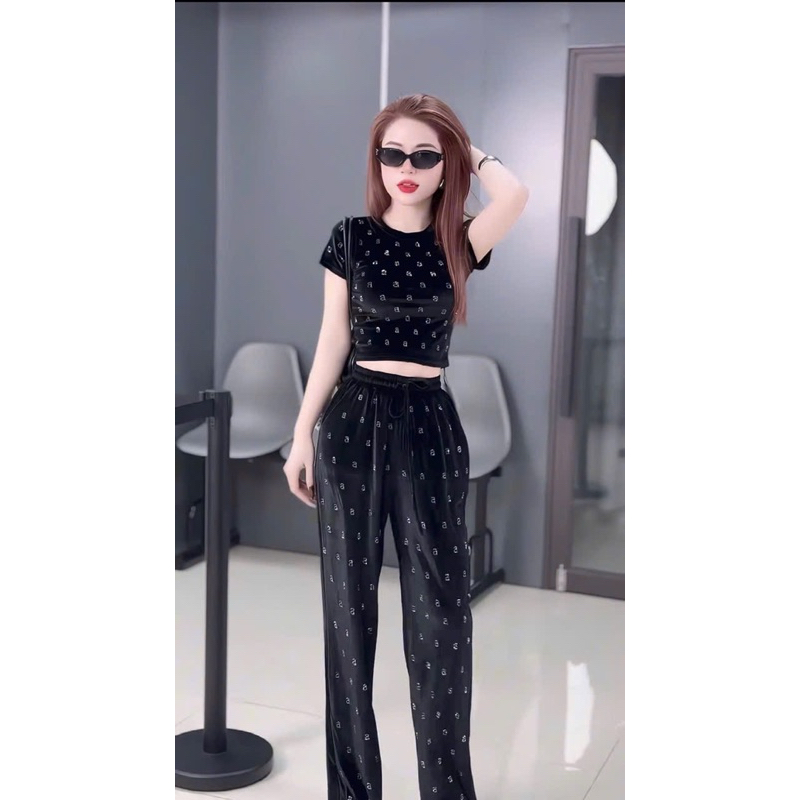 L732- Sét bộ nữ chất liệu nhung in ép nổi chữ a, áo coroptop tay ngắn mix quần suông rộng (38-55kg)