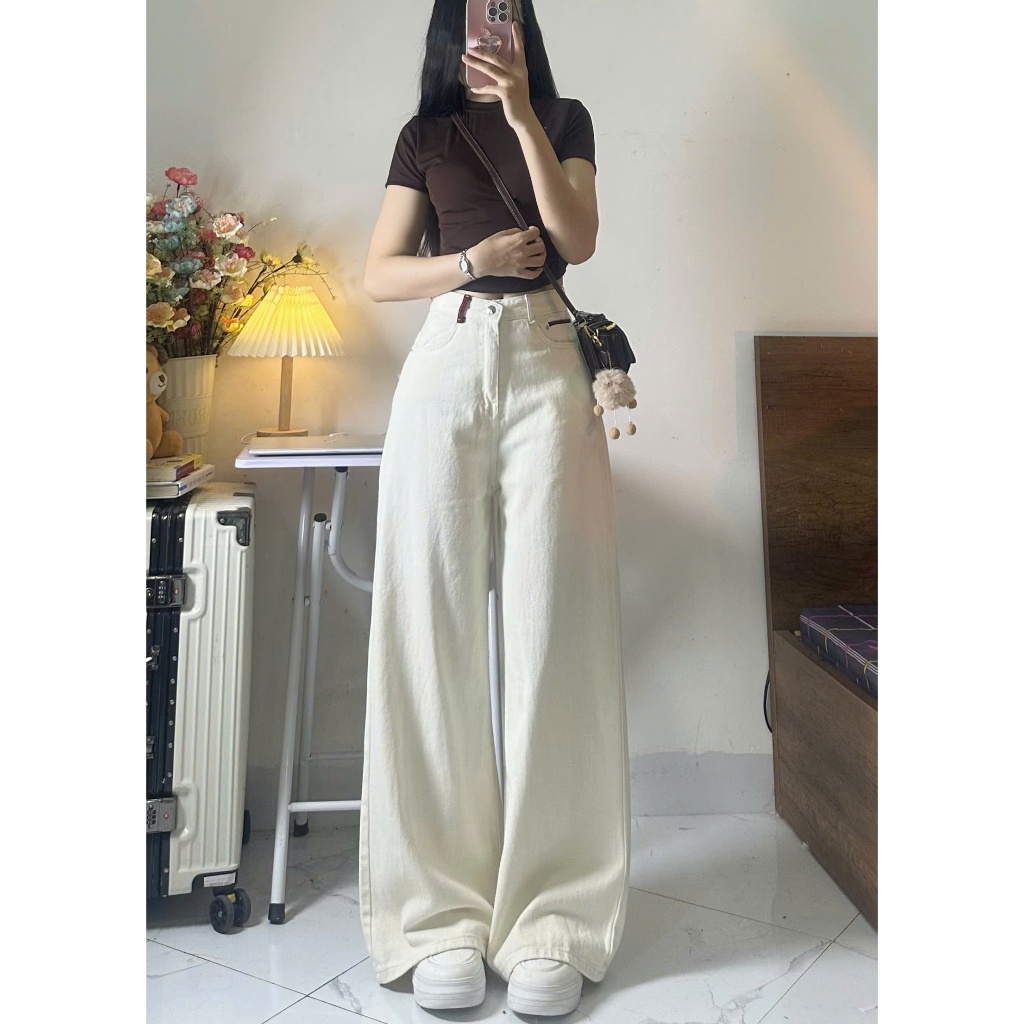 Quần jeans bò màu kem ống suông rộng loe nhẹ phong cách Hàn Quốc - Joolate