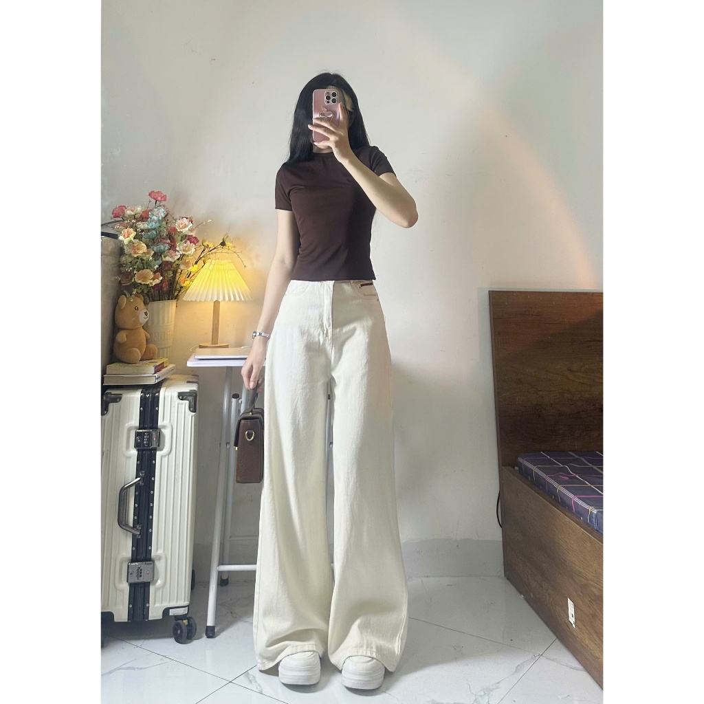 Quần jeans bò màu kem ống suông rộng loe nhẹ phong cách Hàn Quốc - Joolate