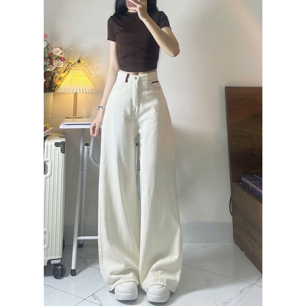 Quần jeans bò màu kem ống suông rộng loe nhẹ phong cách Hàn Quốc - Joolate