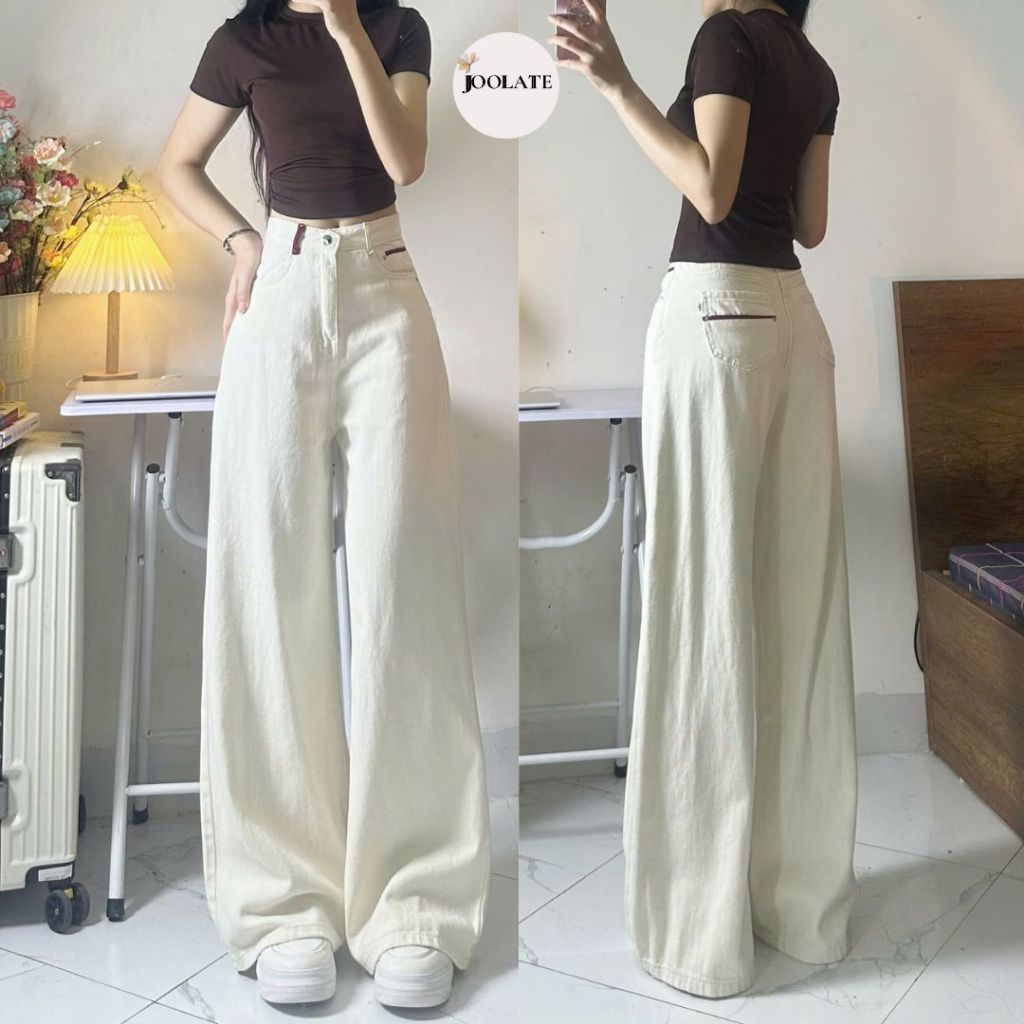 Quần jeans bò màu kem ống suông rộng loe nhẹ phong cách Hàn Quốc - Joolate