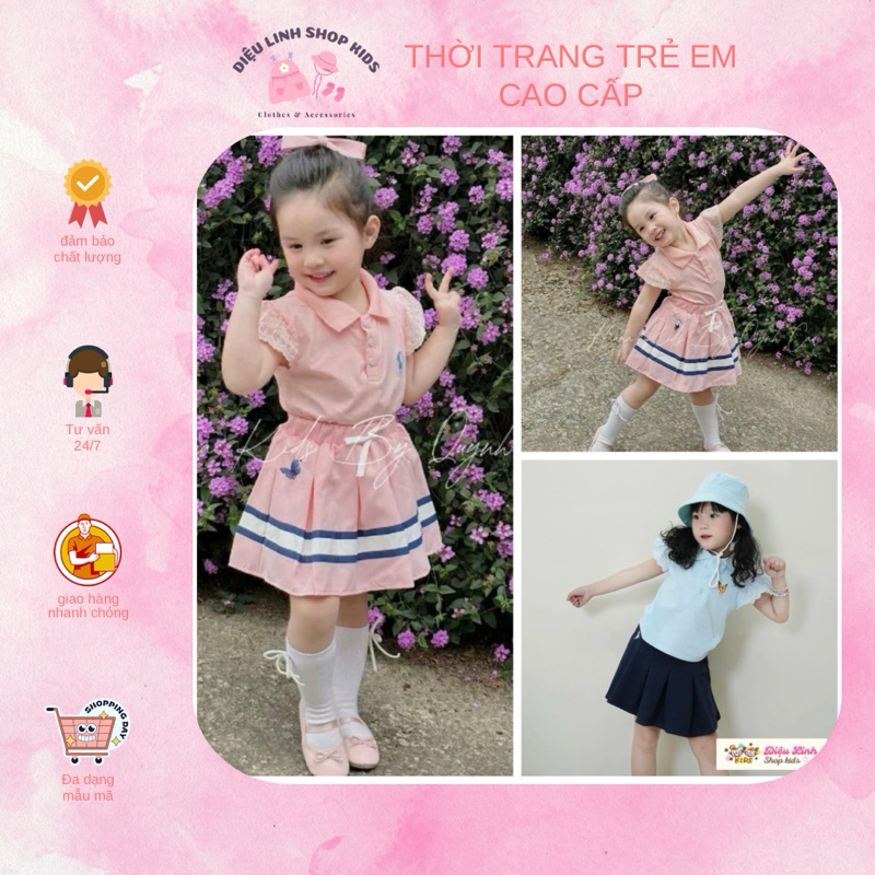 Sét chân váy và áo cotton màu xanh, hồng ( kèm mũ) DL65 sz 8-27kg- váy cho bé Diệu Linh shop kids