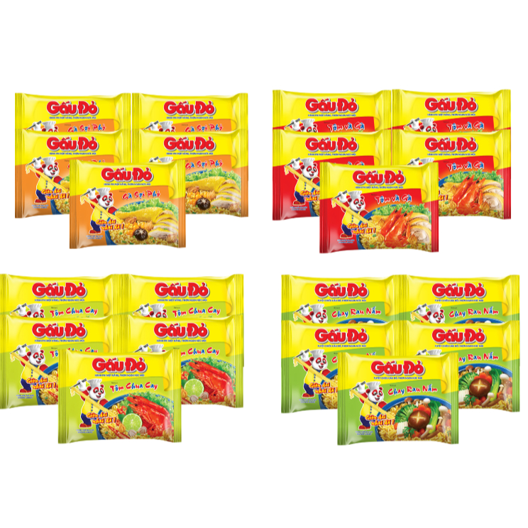 COMBO 5 Mì Gấu Đỏ Hương Vị Tôm và Gà/Gà Sợi Phở/Tôm Chua Cay/Chay Rau Nấm 65g