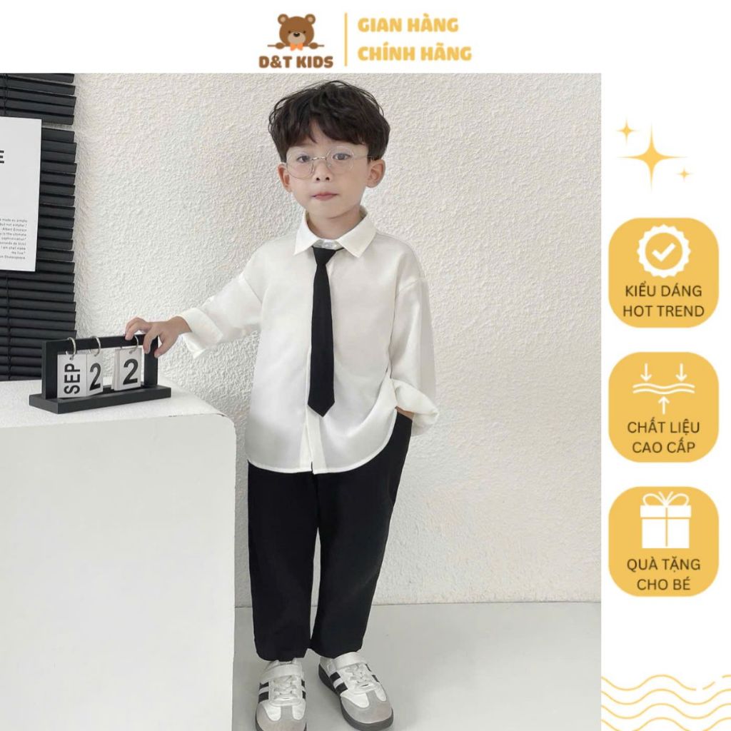Bộ đồ quần áo bé trai 2-8 tuổi (9-24kg), áo sơ mi trắng cà vạt phối jeans dài thời trang Hàn Quốc mùa hè 2025 | D&T KIDS