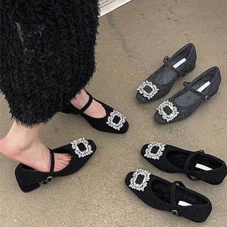 Giày Mary Jane Mũi Đầu Vuông Đính Đá Đế Tăng Chiều Cao Chất Dạ