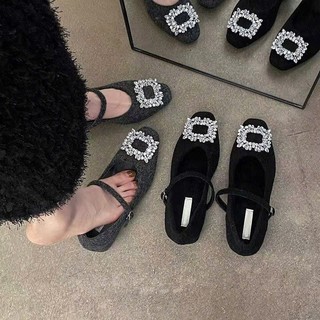 Giày Mary Jane Mũi Đầu Vuông Đính Đá Đế Tăng Chiều Cao Chất Dạ