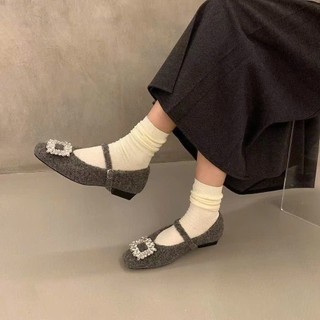 Giày Mary Jane Mũi Đầu Vuông Đính Đá Đế Tăng Chiều Cao Chất Dạ