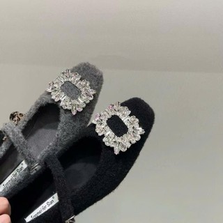 Giày Mary Jane Mũi Đầu Vuông Đính Đá Đế Tăng Chiều Cao Chất Dạ