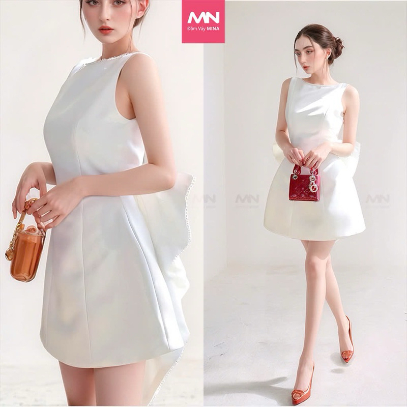 Ảnh Đầm dự tiệc MINA hở lưng dáng ngắn chữ A chất Taffta màu trắng quyến rũ MN308 1