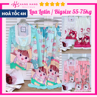 Đồ ngủ nữ bigsize 55-75kg, pijama dài tay voan cổ vuông lụa latin mịn mát 75DD06, đồ bộ nữ đồ mặc nhà tiểu thư dễ thương