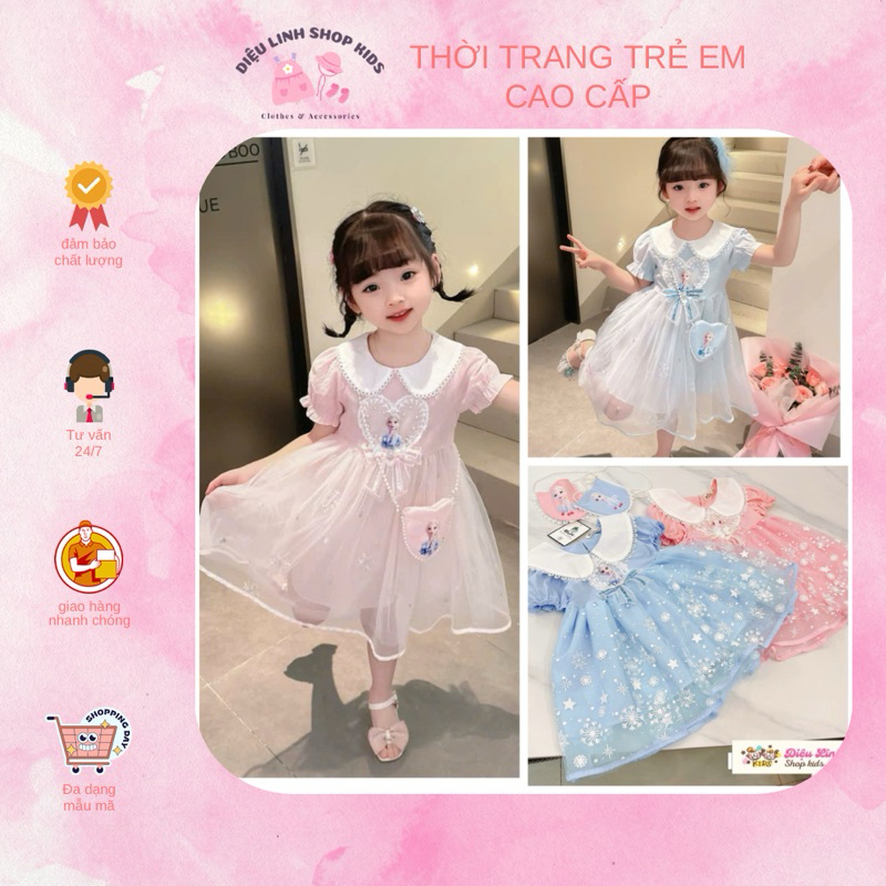 Váy công chúa Elsa cổ sen chất cotton size 8-28kg DL62- váy cho bé Diệu Linh shop kids( kèm túi cườm)