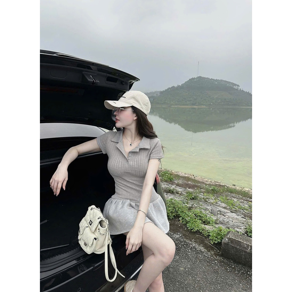 Váy body cổ sơ mi tay hến bồng xoè thiết kế sang trọng, Đầm polo nữ tay hến phối tùng xoè nhún tkế năng động